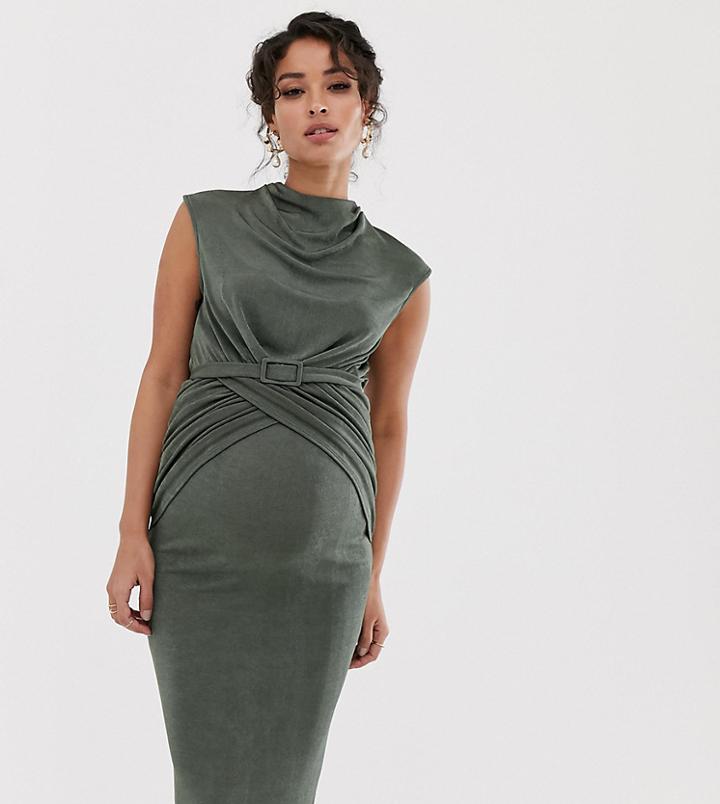 Asos Design Maternity Drape Front Belted Pencil Midi Dress-green
