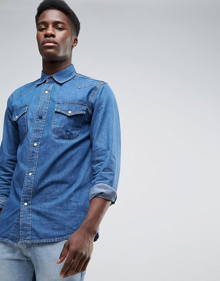 Waven Denim Western Shirt In Mid Blue - Blue