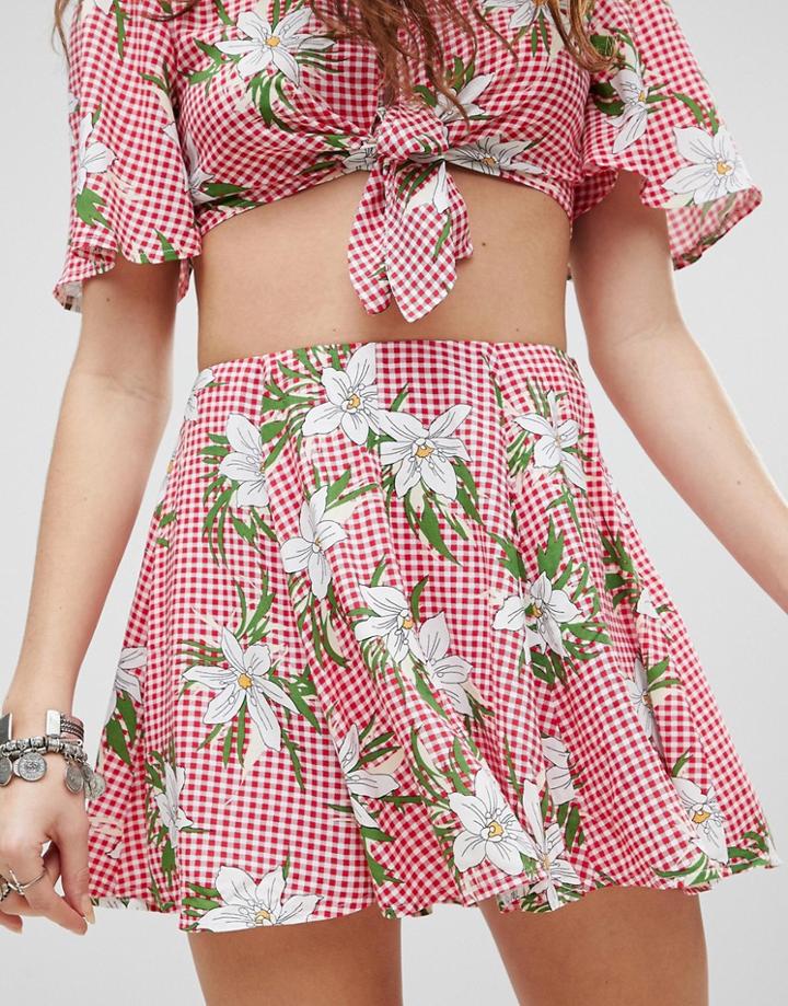 Kiss The Sky Mini Skirt In Floral Gingham Two-piece-red