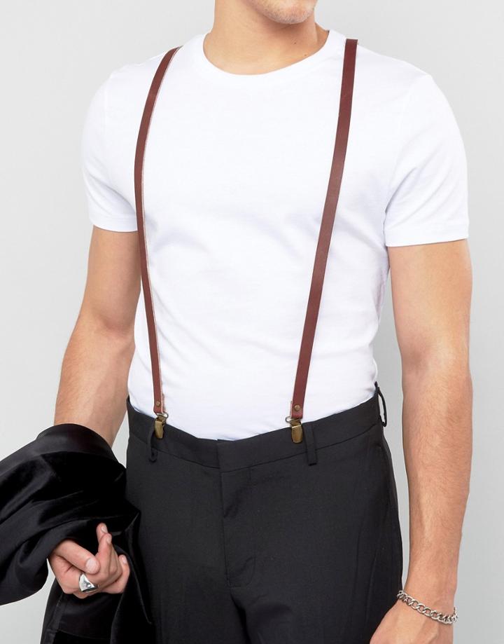 Asos Oxblood Leather Suspenders In Gift Box - Red