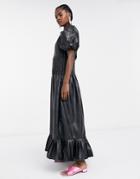 Ghospell Maxi Dress With Shirred Waist In Faux Leather-black