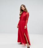Little Mistress Petite Pleat Front Maxi Dress With Lace Sleeve Detail - Red