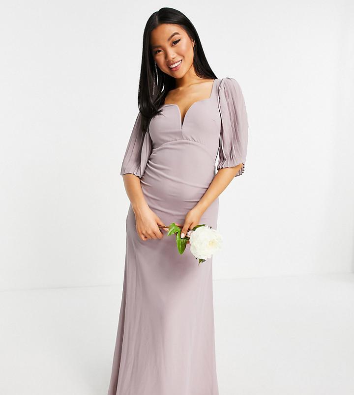 Tfnc Petite Bridesmaid Sweetheart Neck Flutter Sleeve Maxi Dress In Lilac-grey