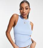 Asos Design Tall Knitted Racer Tank Top With Ribbed Hem Detail In Blue