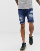 Soul Star Slim Fit Denim Shorts With Raw Edge-blue