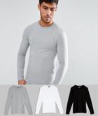 Asos Design Muscle Long Sleeve T-shirt With Crew Neck 3 Pack Save - Multi