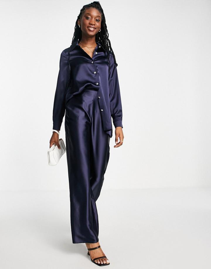 Miss Selfridge Satin Wide Leg Pants In Navy