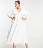 Asos Edition Curve Blouson Sleeve Midi Dress In Texture In White