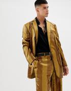 Asos Design Oversized Suit Jacket In Tonal Velvet Mustard Stripe - Yellow