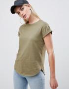 Asos Design T-shirt In Boyfriend Fit With Rolled Sleeve And Curved Hem In Khaki - Green