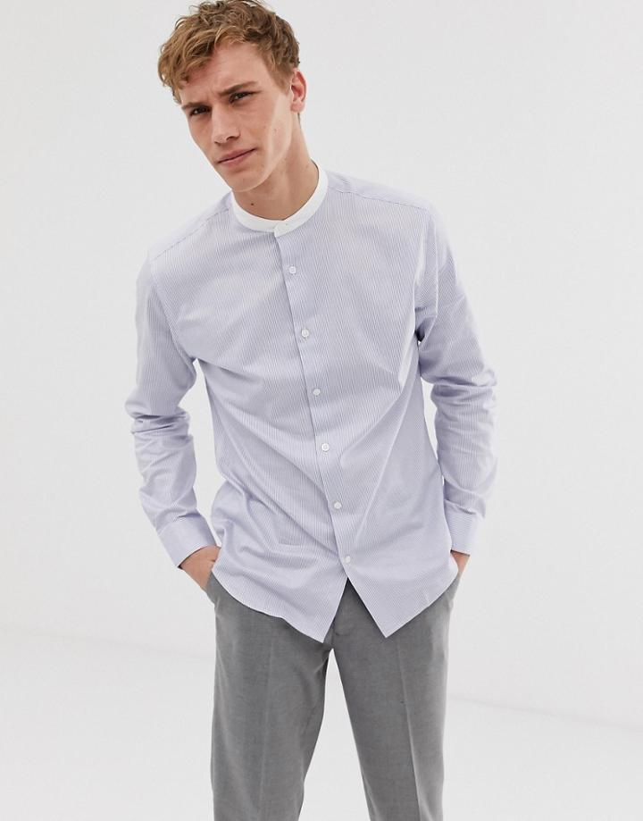 Selected Homme Slim Grandad Collar Shirt With Light Blue Stripe - Blue