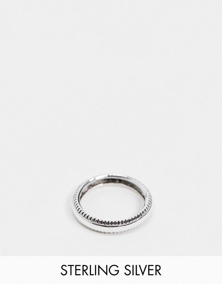 Asos Design Sterling Silver Band Ring With Textured Edge In Burnished Silver