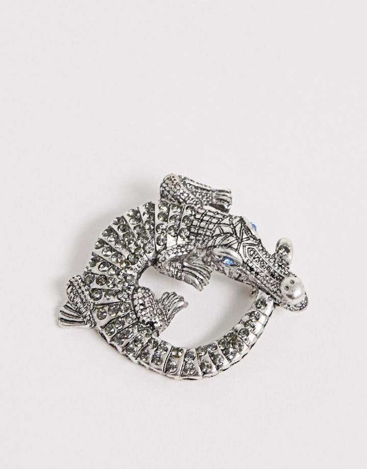 Asos Design Crocodile Brooch With Crystals In Burnished Silver - Black