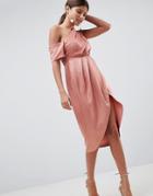Asos Design One Shoulder Midi Dress In Hammered Satin - Pink