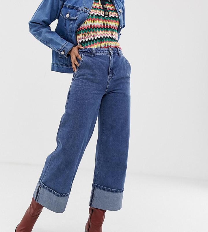 Warehouse Wide Cut Jeans With Turn Up In Mid Wash - Blue