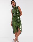 Asos Design Sequin Midi Pencil Midi Dress With Drape Front-green