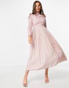 Little Mistress High Neck Frill Shoulder Pleated Midi Dress In Dusty Mink-pink