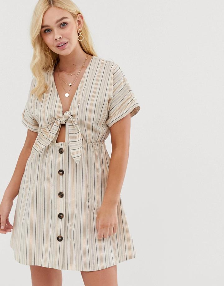 Gilli Button Down Mini Dress With Tie Front Detail In Stripe - Beige