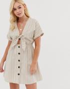Gilli Button Down Mini Dress With Tie Front Detail In Stripe - Beige