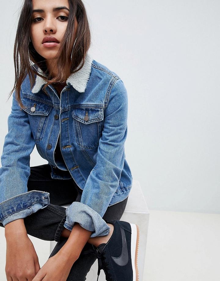 Criminal Damage Denim Jacket With Faux Shearling Collar-blue