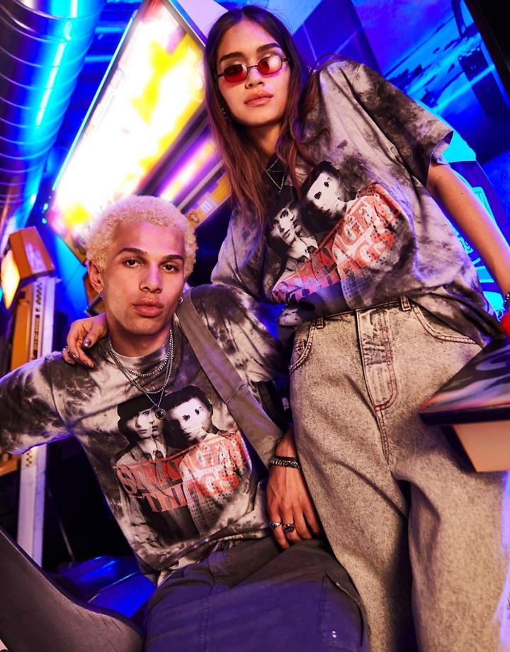 Reclaimed Vintage X Stranger Things Unisex T-shirt In Mono With Warped Mike & Eleven Logo Print-multi