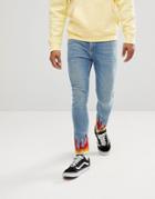 Asos Super Skinny Jeans In Mid Wash Blue With Flame Hem - Blue