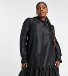 Asos Design Curve Ruffle Collar Mini Shirt Dress With Pep Hem-black