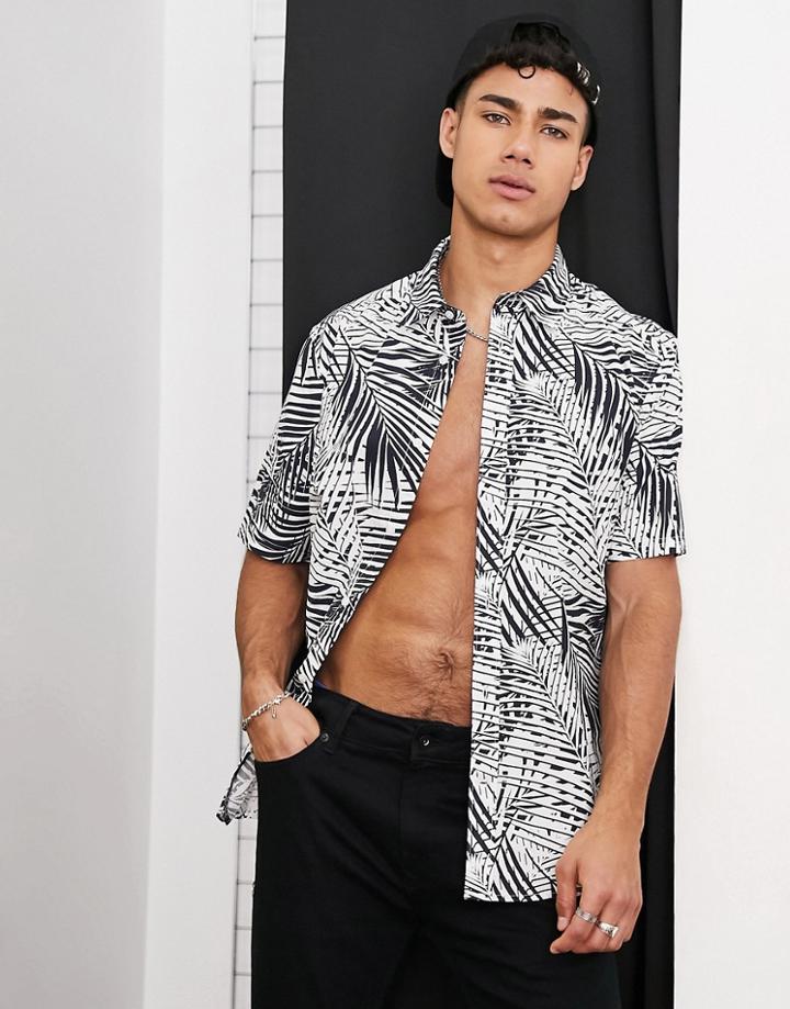Only & Sons Button Down Shirt In Black And White Palm
