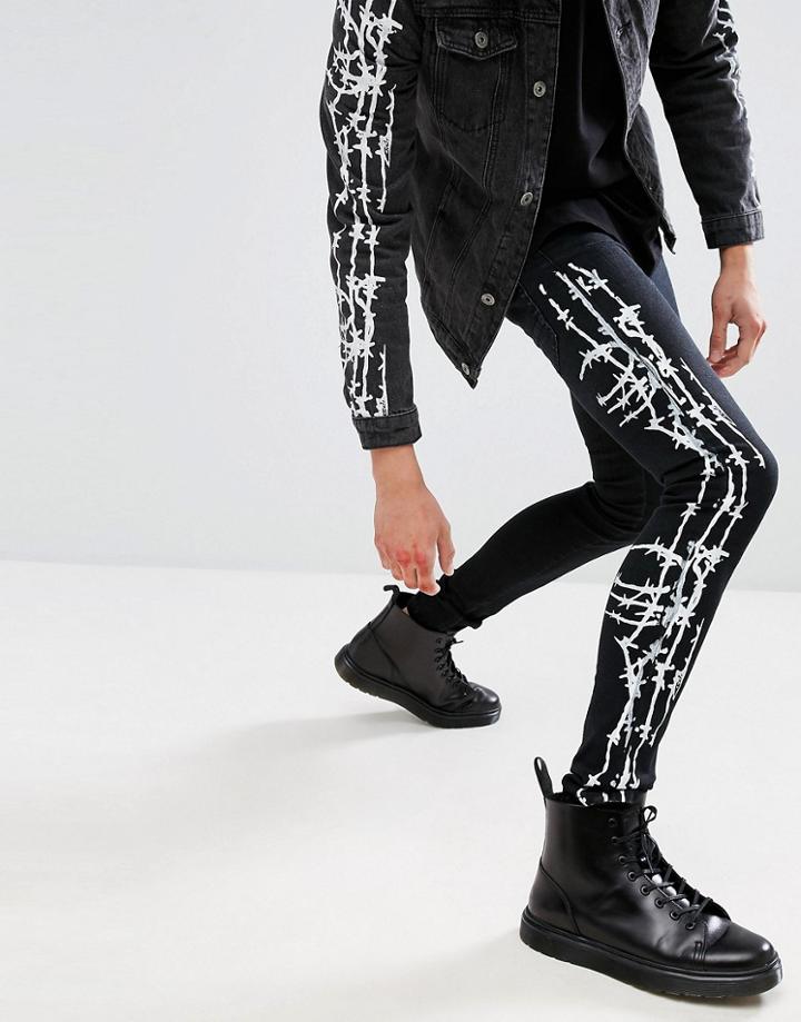 Liquor N Poker Halloween Barbed Wire Print Skinny Jeans - Black