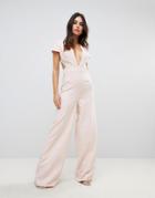 Asos Plunge Neck Jumpsuit With Wide Leg And Open Back - Pink