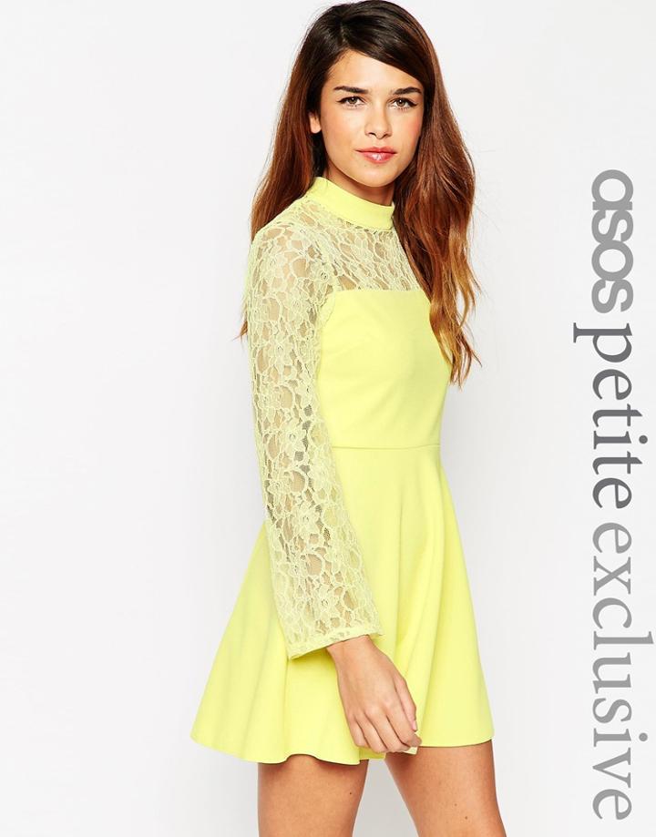 Asos Petite Lace Dress With High Neck And Flare Sleeve - Lemon $56.50