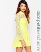 Asos Petite Lace Dress With High Neck And Flare Sleeve - Lemon $56.50