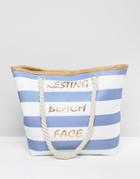 7x Resting Beach Face Stripped Canvas Beach Tote Bag With Rope Handle - Multi