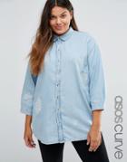 Asos Curve Destroyed Denim Shirt With Day Dreamer Embroidery - Blue