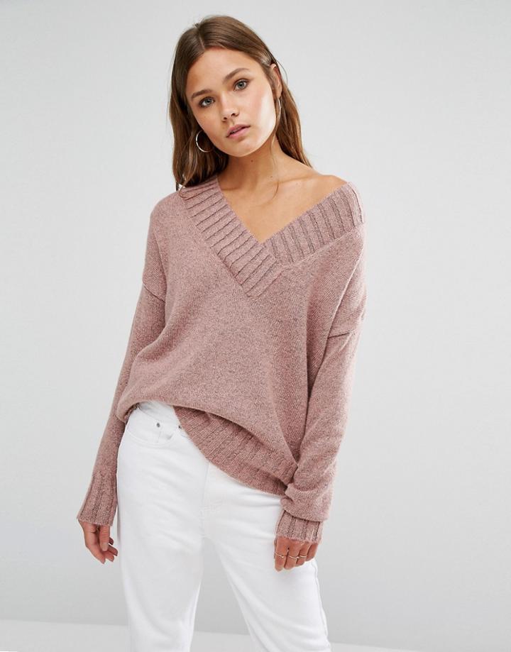 New Look Knitted Oversized V Neck Sweater - Pink