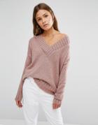 New Look Knitted Oversized V Neck Sweater - Pink