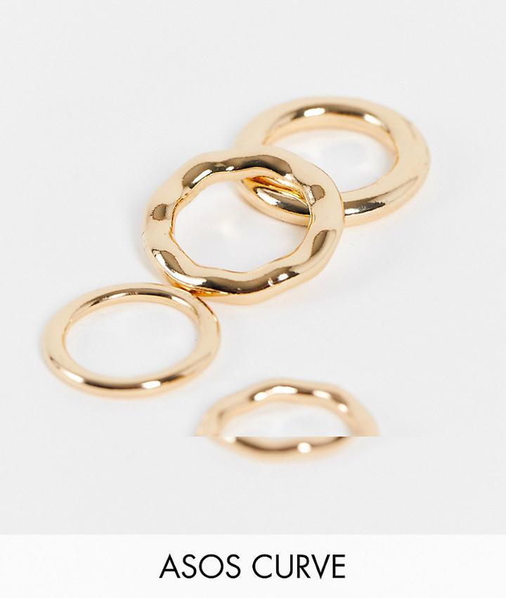 Asos Design Curve Pack Of 4 Rings In Tube Design In Gold Tone