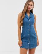 Asos Design Denim Sleeveless Fitted Mini Stretch Shirt Dress-blue