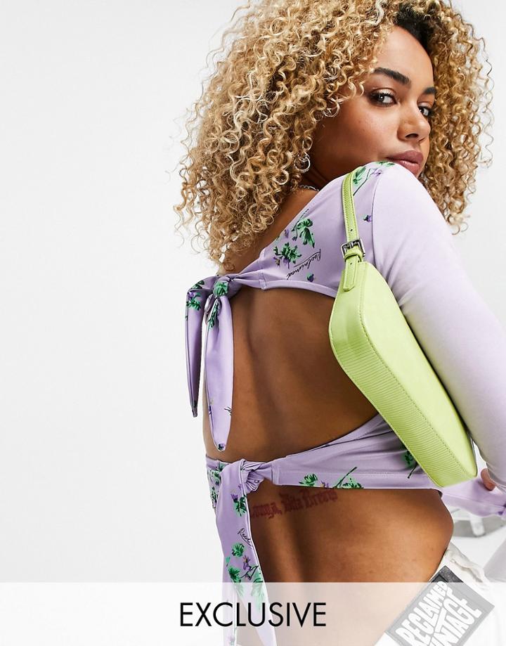 Reclaimed Vintage Inspired Tie Back Top In Lilac And Print-purple
