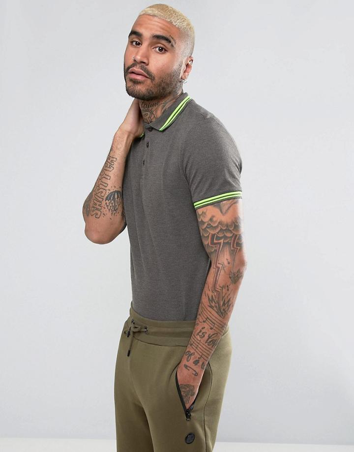 Asos Tipping Collar And Cuff Pique Polo Shirt In Charcoal Marl/neon Yellow - Gray