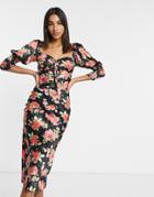 Asos Design Satin Bias Midi Tea Dress With Shirred Cuffs In Rose Floral Print-multi