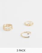 Asos Design Pack Of 3 Rings In Abstract Twist And Wire Wrap Design In Gold - Gold