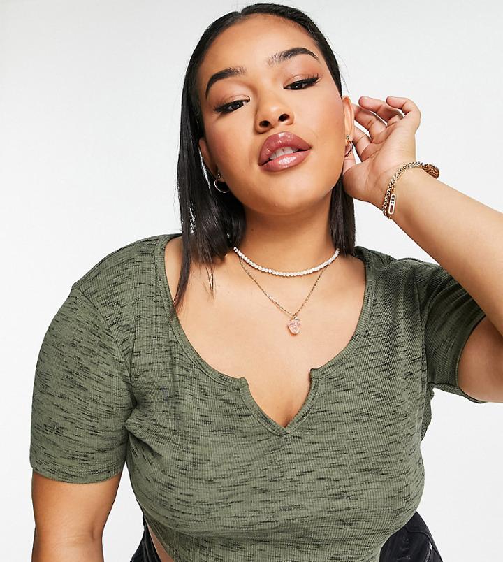 Asos Design Curve Fitted Crop Top With Notch Neck In Khaki & Black Heather Rib-multi