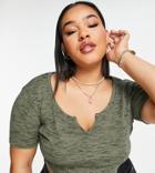 Asos Design Curve Fitted Crop Top With Notch Neck In Khaki & Black Heather Rib-multi