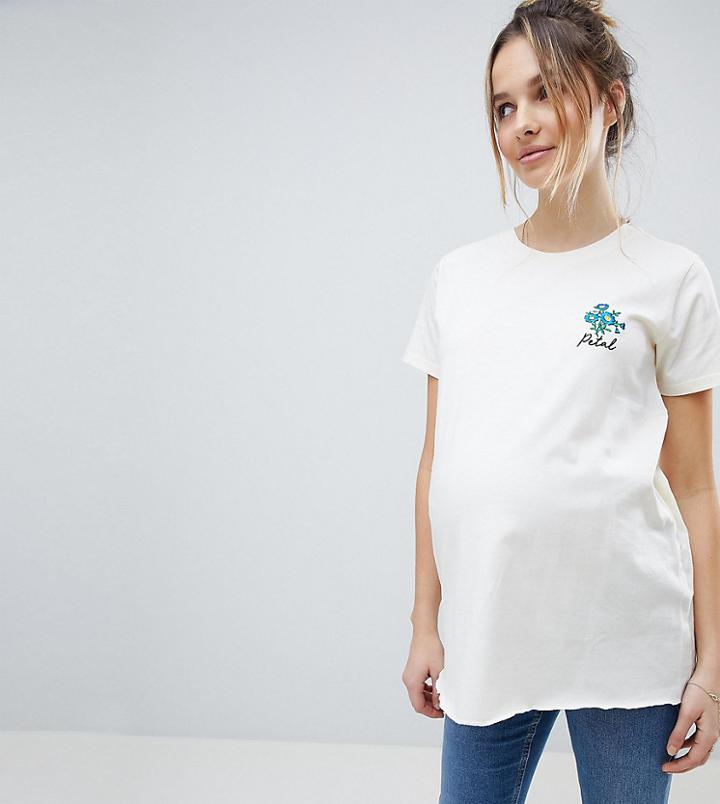 Asos Maternity T-shirt With Cute Floral Embroidery Badge - Cream