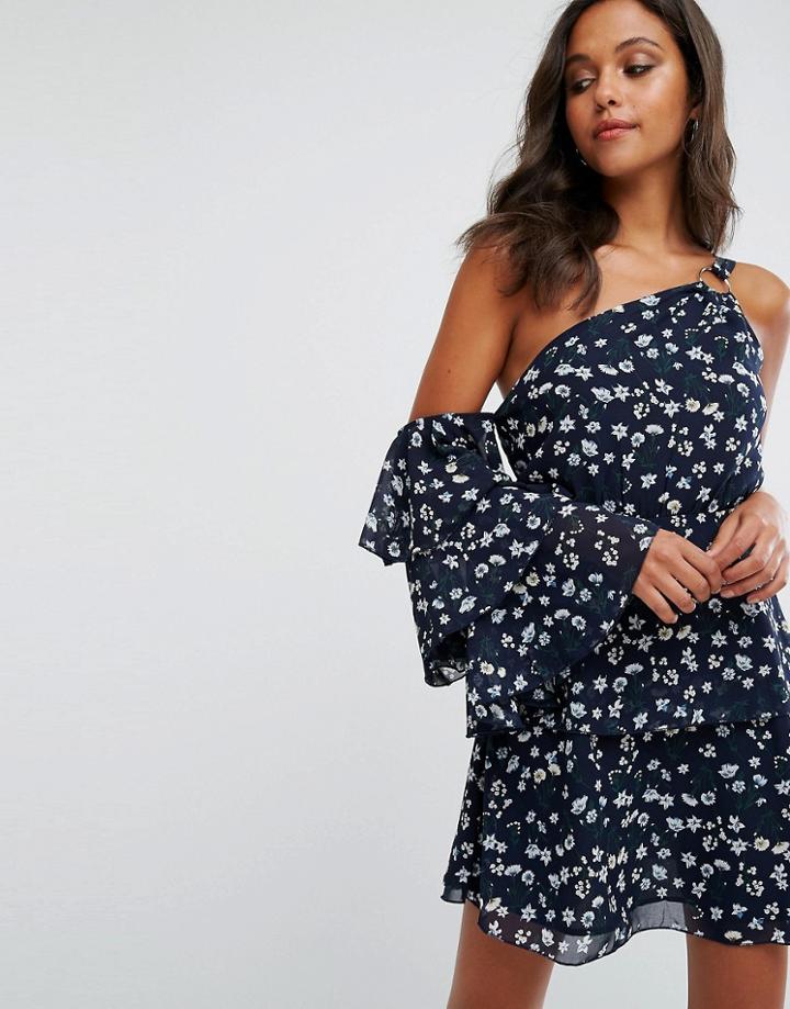 Prettylittlething One Shoulder Floral Mini Dress - Navy
