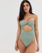 Asos Design Twist Front Bandeau Crinkle Swimsuit In Shiny Green