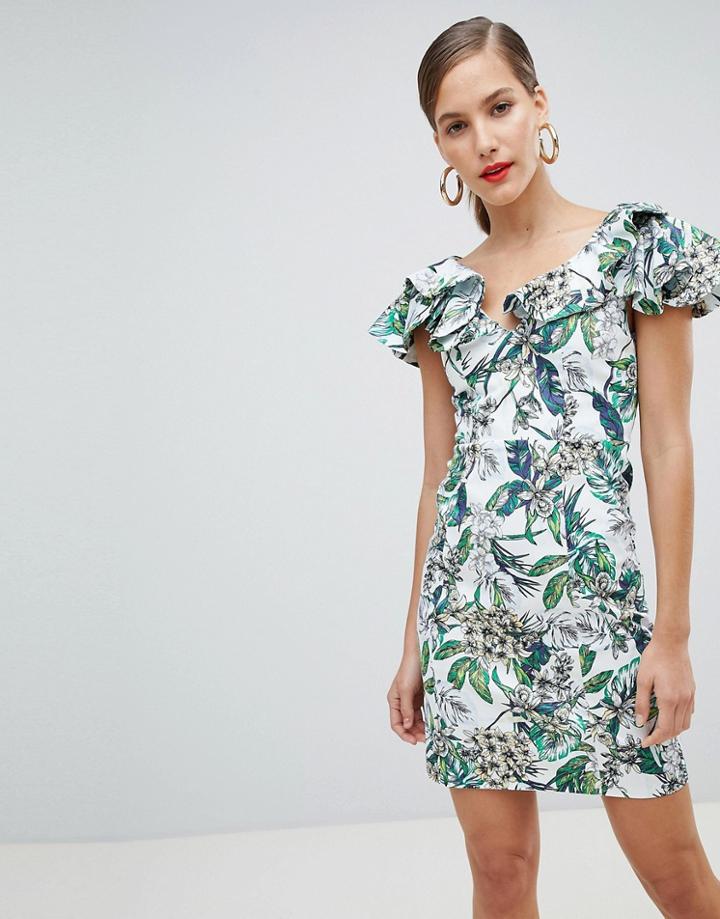 River Island Ruffle Shoulder Floral Bodycon Mini Dress-cream