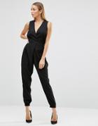 Ax Paris Elasticated Waist Wrap Front Jumpsuit - Black