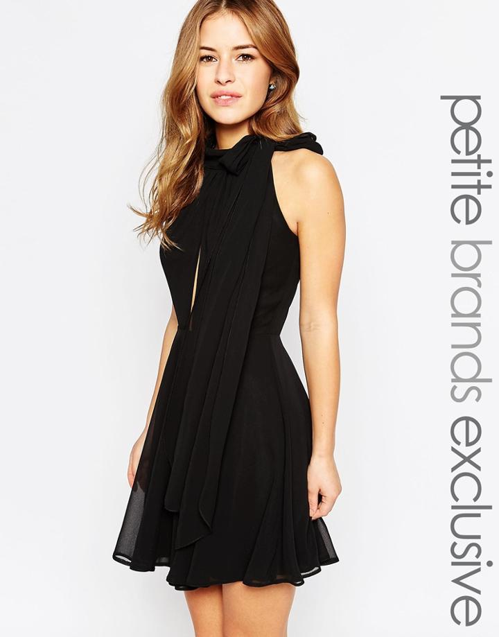 John Zack Petite Scarf Neck Skater Dress With Keyhole Detail - Black